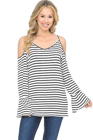 STRIPE OPEN SHOULDER LONG SLEE ...